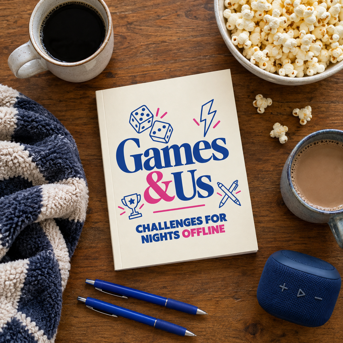 Date night kit: the book, two pens, two mugs, popcorn